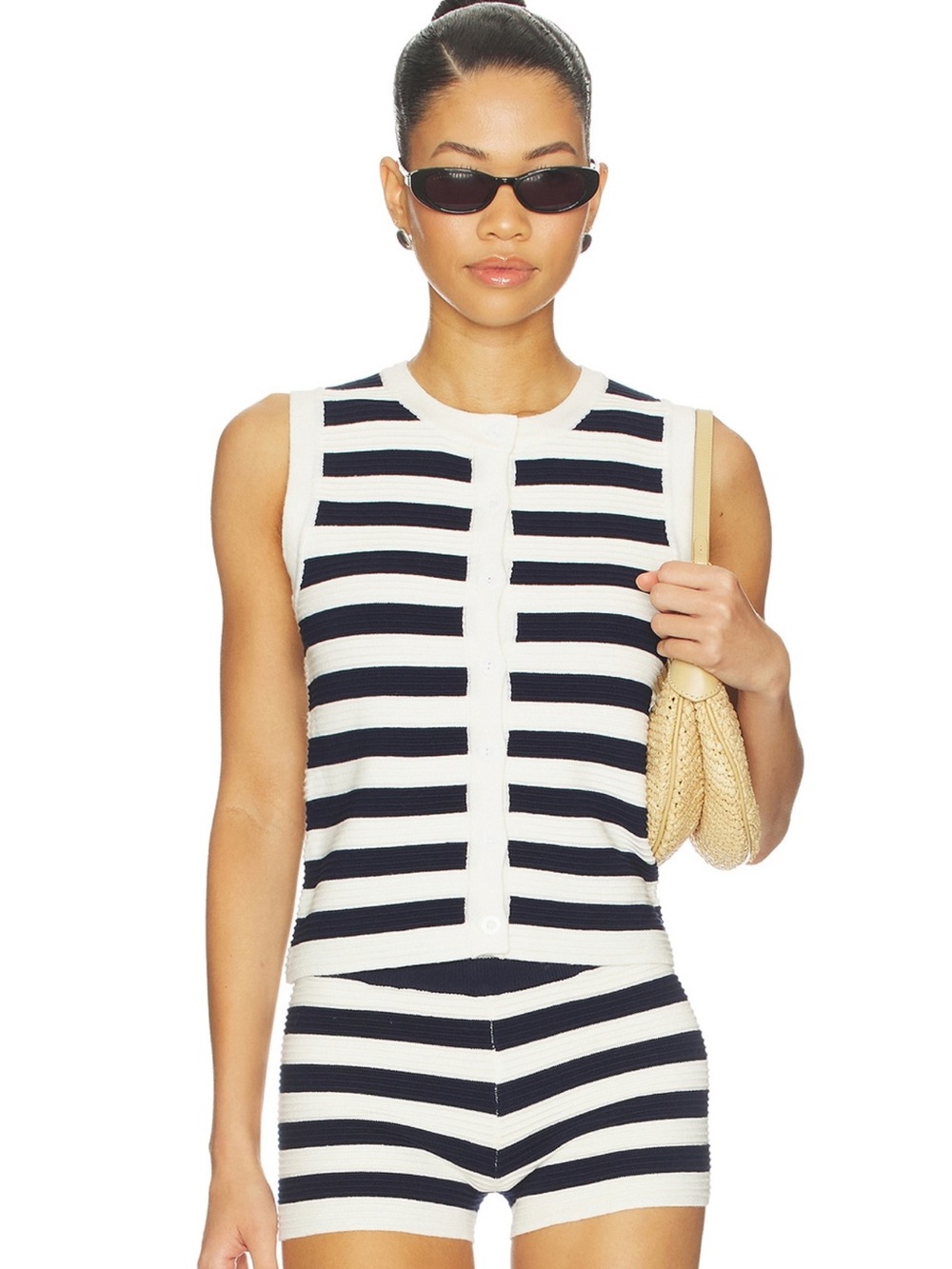 Striped Sleeveless Knit Set - White & Black tank & shorts
